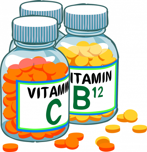illustration of vitamin C and vitamin B12 bottles