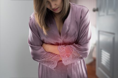 photo of stomach and large intestine on a womans body against gray background